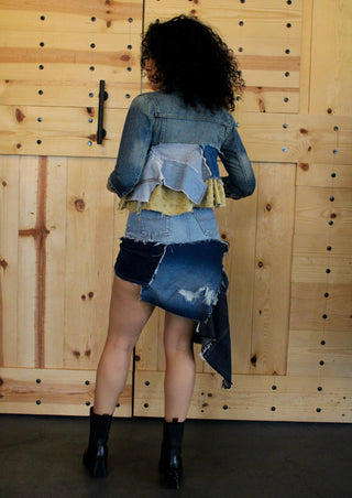 Recycled Cropped Denim Jacket w/French Knot Patches