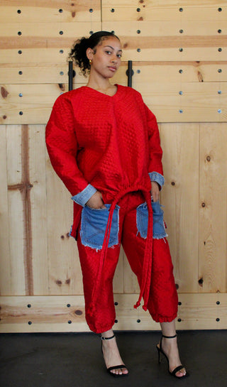 Red Quilted Oversized Pullover w/Denim Trim & Pockets