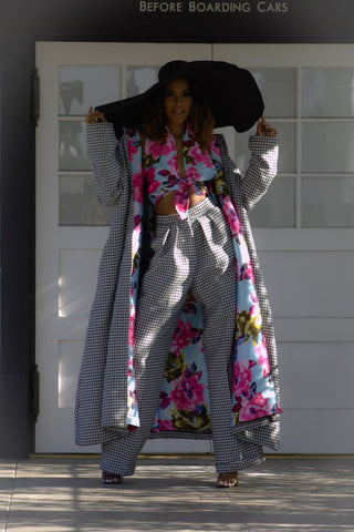 Telio Houndstooth Coat & Pants Set w/Floral Top